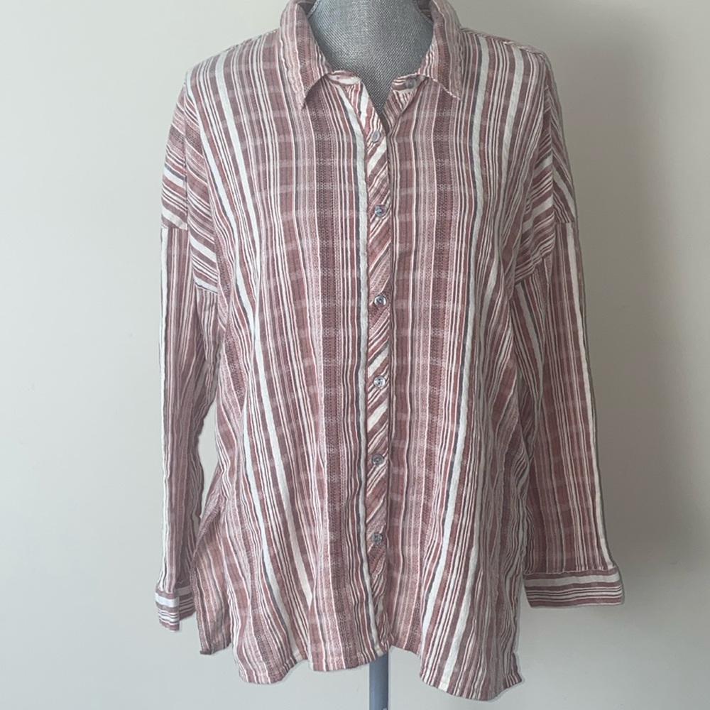 O’Neill Boxy Cotton Gauze Button Front Shirt Pink Stripes  Size Large